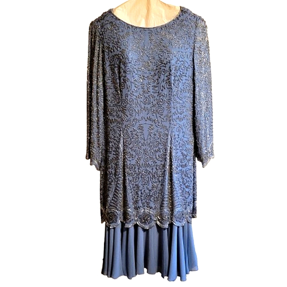 Black Tie Oleg Cassini 100%Silk flapper baby blue beaded vintage Dress size 10
